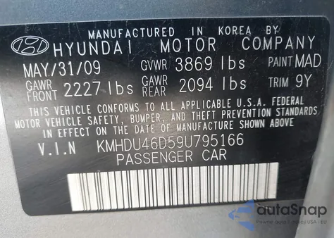 2009 Hyundai Elantra Gls из США, поврежденный, VIN KMHDU46D59U795166